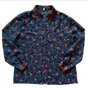 sheer embroidered floral red & black button up blouse